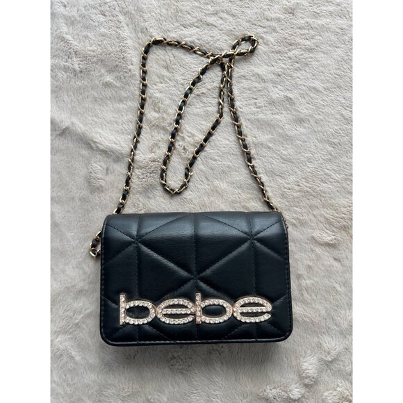 Bebe Quilted Black Leather Crossbody Purse With Gold Chain Strap & Rhinestone Lo - Picture 1 of 15